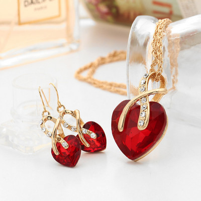 Set de bijuterii, multicolore de lux, 2 paturi de inimă, cercei, colier de cristal, pentru femei, logodna de mireasă și cadou de ziua Îndrăgostiților