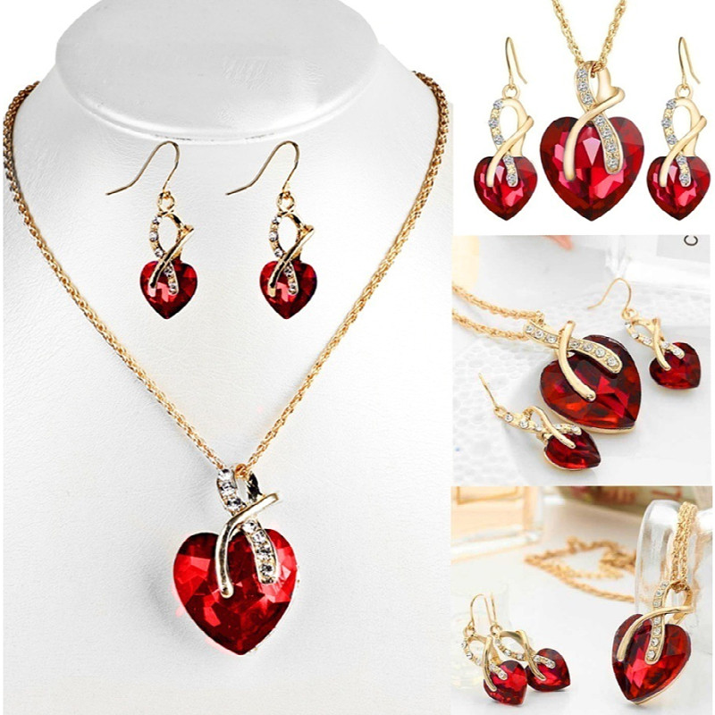Set de bijuterii, multicolore de lux, 2 paturi de inimă, cercei, colier de cristal, pentru femei, logodna de mireasă și cadou de ziua Îndrăgostiților
