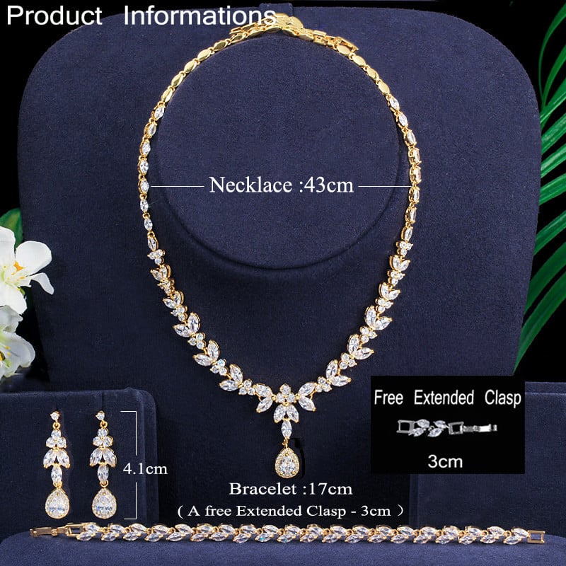 CWWZircons 3db Női jelmez nagy aranyozott ékszer szett Fényes Cubic cirkónia csepp Dubai Brides Necklcae Fülbevaló karkötő T370
