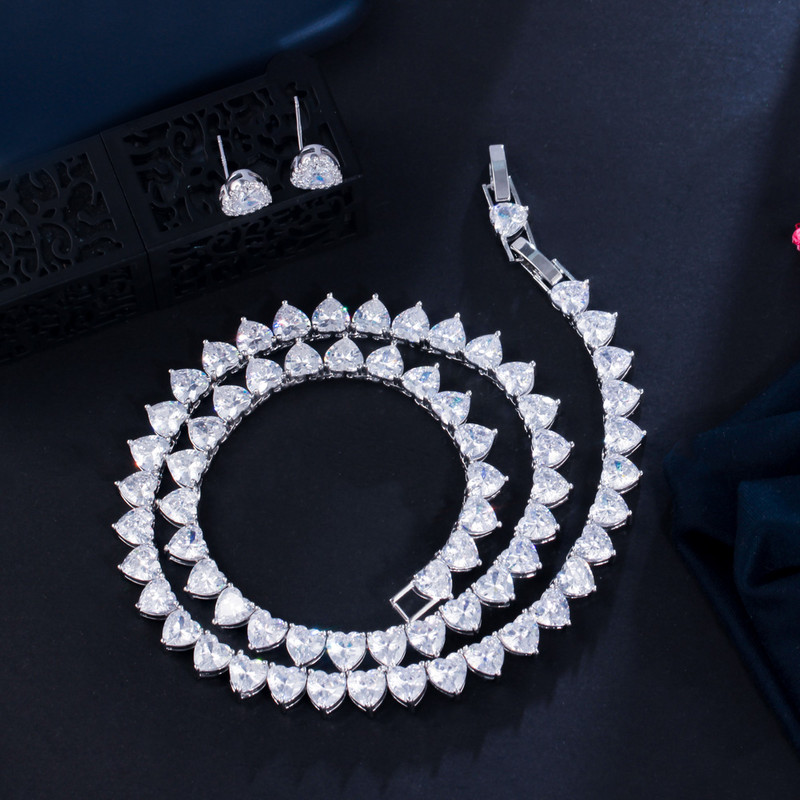 CWWZircons Sparkling Love Heart Shape Cubic Zirconia Choker Colier Cercei de logodna Set de bijuterii pentru petrecerea de mireasă pentru femei T572