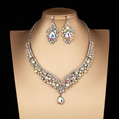 KMVEXO Seturi de bijuterii de mireasă de cristal de culoare neagră la modă, diademe, cercei coroană, colier, rochie de mireasă, set de bijuterii