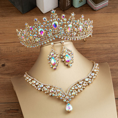 KMVEXO Seturi de bijuterii de mireasă de cristal de culoare neagră la modă, diademe, cercei coroană, colier, rochie de mireasă, set de bijuterii