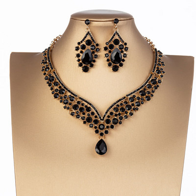 KMVEXO Seturi de bijuterii de mireasă de cristal de culoare neagră la modă, diademe, cercei coroană, colier, rochie de mireasă, set de bijuterii