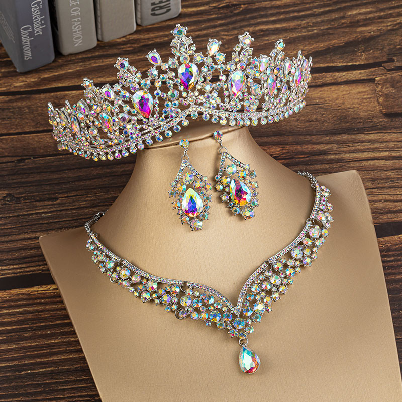 KMVEXO Seturi de bijuterii de mireasă de cristal de culoare neagră la modă, diademe, cercei coroană, colier, rochie de mireasă, set de bijuterii