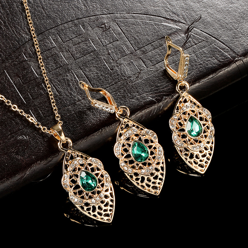 Kinel Set de bijuterii de nuntă de lux Maroc, arabă, de culoare aurului, colier cu pandantiv pentru cercei de floare de cristal gol, pentru femei, cadou fierbinte