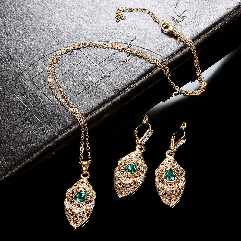 Kinel Set de bijuterii de nuntă de lux Maroc, arabă, de culoare aurului, colier cu pandantiv pentru cercei de floare de cristal gol, pentru femei, cadou fierbinte