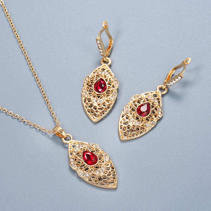 Kinel Set de bijuterii de nuntă de lux Maroc, arabă, de culoare aurului, colier cu pandantiv pentru cercei de floare de cristal gol, pentru femei, cadou fierbinte