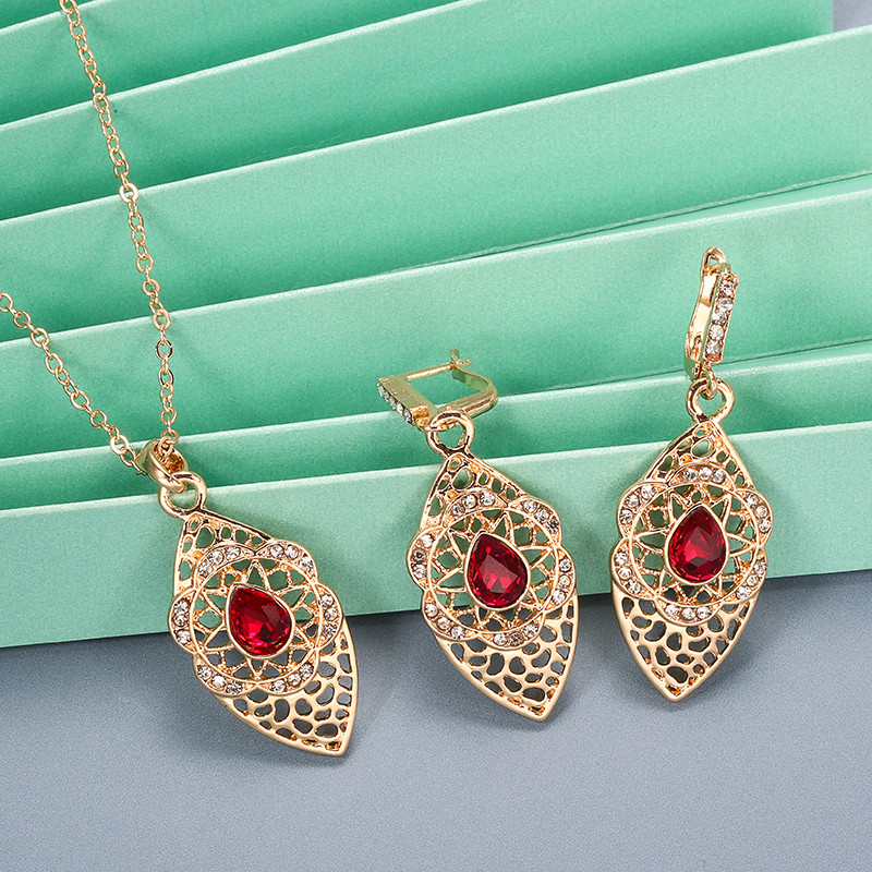 Kinel Set de bijuterii de nuntă de lux Maroc, arabă, de culoare aurului, colier cu pandantiv pentru cercei de floare de cristal gol, pentru femei, cadou fierbinte