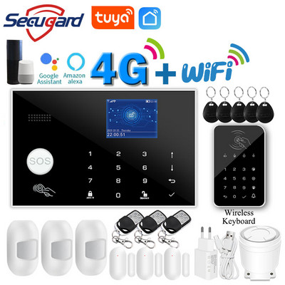 Tuya WiFi GSM алармена система 4G или 2G Smart Home Охранителна аларма Комплект 433MHz TFT екран RFID сензорна клавиатура APP Control