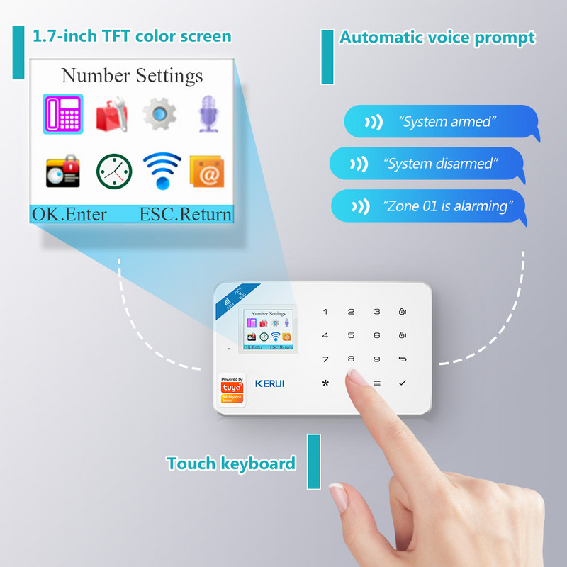 KERUI W181 Sistem de alarmă de securitate inteligentă pentru acasă Wireless WiFi GSM Aplicație de control Tuya Funcționare ecran color de 1,7 inchi Gazdă promptă vocală