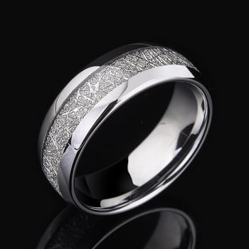 Мъжки 8 мм метеоритен камък, шарка, инкрустиран сребърен пръстен от неръждаема стомана, годежен сватбена лента, коктейлно парти, високи бижута