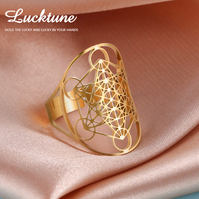 Lucktune Viking Flower of Life Ring Жени от неръждаема стомана Метатрон Архангел Амулет Регулируем пръстен 2023 Ретро бижута Подарък