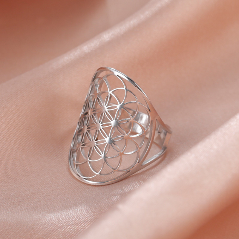 Lucktune Inel Viking Floarea Vieții Femei Oțel inoxidabil Metatron Arhanghel Amulet Inel reglabil 2023 Cadou de bijuterii vintage
