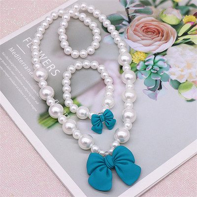 Új 2/4 db-os Gyermek nyaklánc szett Aranyos masnis medál gyöngy nyaklánc karkötő fülcsipesz lány ékszer kiegészítők gyerekajándékok