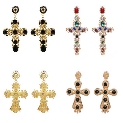 Продажба на едро JUJIA Нови обеци с кристален кръст с кристали за жени Модни барокови висящи обеци Големи обеци Бижута