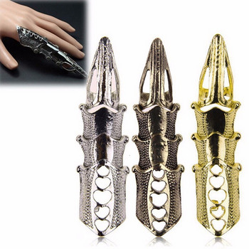 Готически пънк рок метален пръстен с броня за стави за мъже, жени, преувеличен дълъг пръстен с нокът с цял пръст и пръст