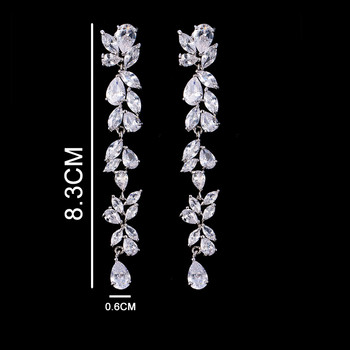 Ekopdee Луксозни цветя с кубичен цирконий, дълги обеци за жени Модерни висящи кристални обеци с пискюли Женски булчински сватбени бижута