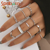 Set de inele metalice de 8/10 buc pentru femei, inel cu lanț geometric din cristal, perle răsucite, bijuterii pentru petrecere, cadouri estetice pentru femei