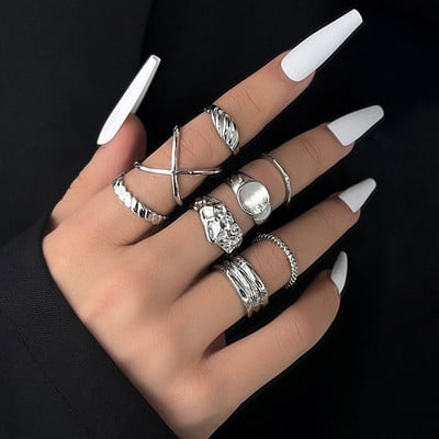 Set de inele metalice de 8/10 buc pentru femei, inel cu lanț geometric din cristal, perle răsucite, bijuterii pentru petrecere, cadouri estetice pentru femei