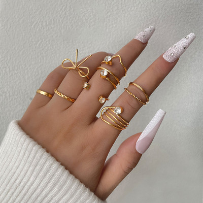 Set de inele metalice de 8/10 buc pentru femei, inel cu lanț geometric din cristal, perle răsucite, bijuterii pentru petrecere, cadouri estetice pentru femei