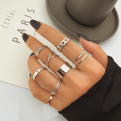 Set de inele metalice de 8/10 buc pentru femei, inel cu lanț geometric din cristal, perle răsucite, bijuterii pentru petrecere, cadouri estetice pentru femei