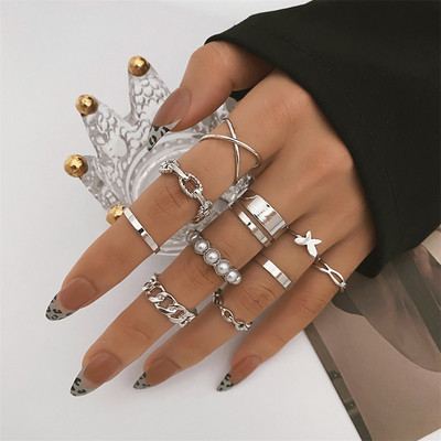 Set de inele metalice de 8/10 buc pentru femei, inel cu lanț geometric din cristal, perle răsucite, bijuterii pentru petrecere, cadouri estetice pentru femei