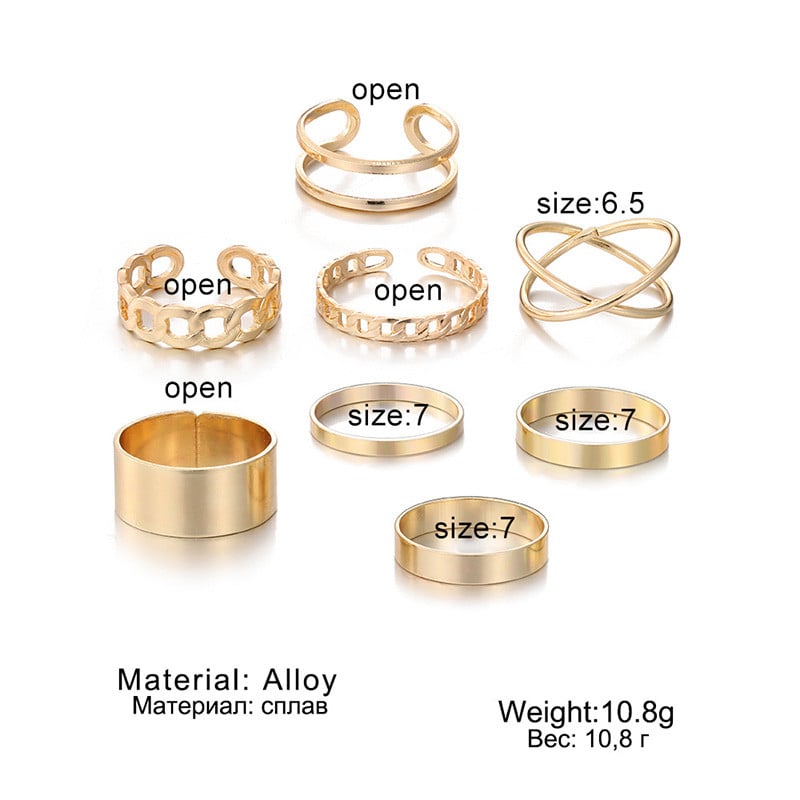 Set de inele metalice de 8/10 buc pentru femei, inel cu lanț geometric din cristal, perle răsucite, bijuterii pentru petrecere, cadouri estetice pentru femei