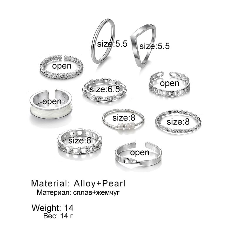 Set de inele metalice de 8/10 buc pentru femei, inel cu lanț geometric din cristal, perle răsucite, bijuterii pentru petrecere, cadouri estetice pentru femei