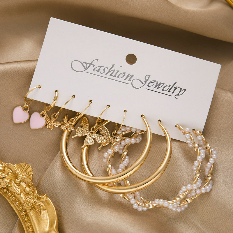 Színes koreai akril pillangós fülbevaló szett nőknek Vintage kör szimulált gyöngy fülbevaló menyasszonyi esküvői ékszer Boho