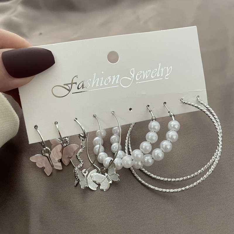 Színes koreai akril pillangós fülbevaló szett nőknek Vintage kör szimulált gyöngy fülbevaló menyasszonyi esküvői ékszer Boho