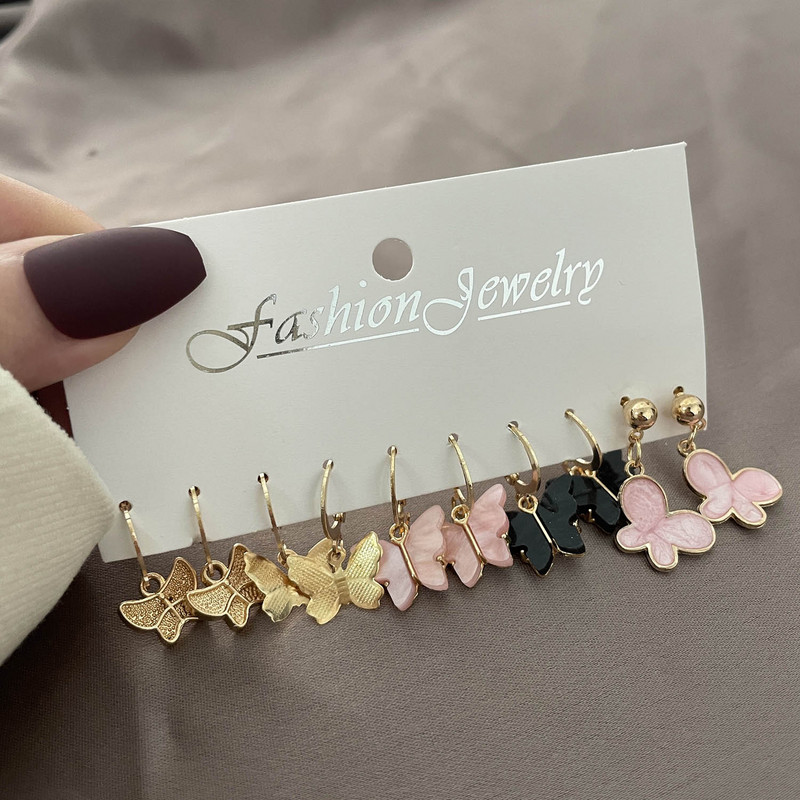 Színes koreai akril pillangós fülbevaló szett nőknek Vintage kör szimulált gyöngy fülbevaló menyasszonyi esküvői ékszer Boho