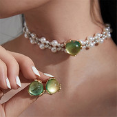 Cercei și colier choker de modă verde perle pentru femei Set de bijuterii elegant pentru petrecerea de nuntă