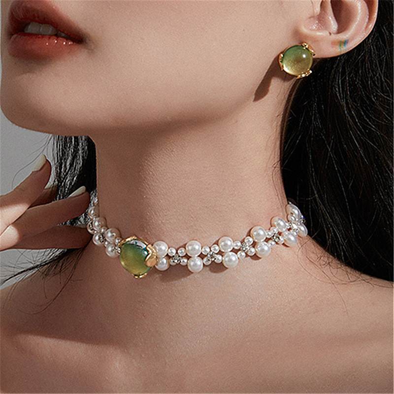 Cercei și colier choker de modă verde perle pentru femei Set de bijuterii elegant pentru petrecerea de nuntă
