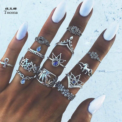 Tocona Bohemia Antique Silver Color Crown Flower Unicorn Rezané prstene Sady dutých geometrických tvarov zliatinových kovov Svadobné šperky Anillo