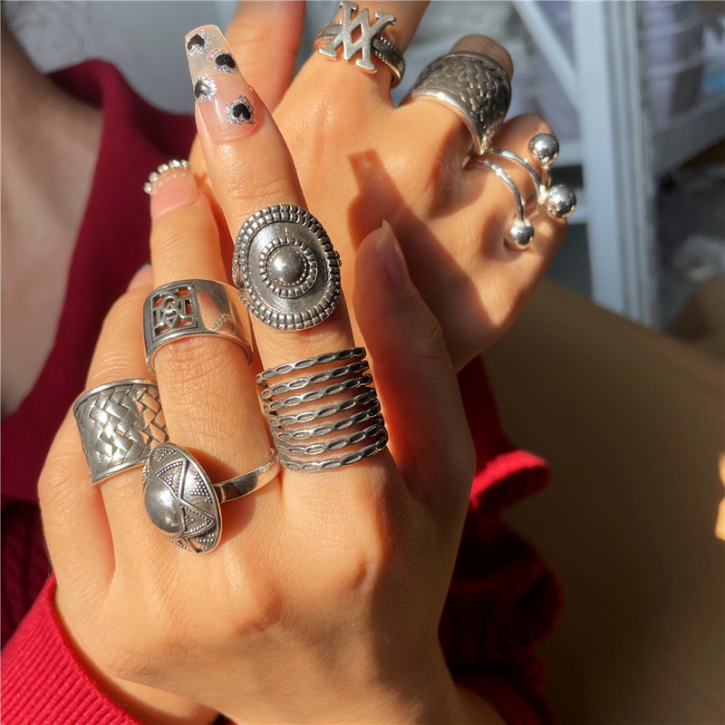 Vintage ezüst színű fém geometrikus szabálytalan virágok szerelmes nyitó gyűrűk női lányoknak buli utazás punk ékszerek HUANZHI 2021