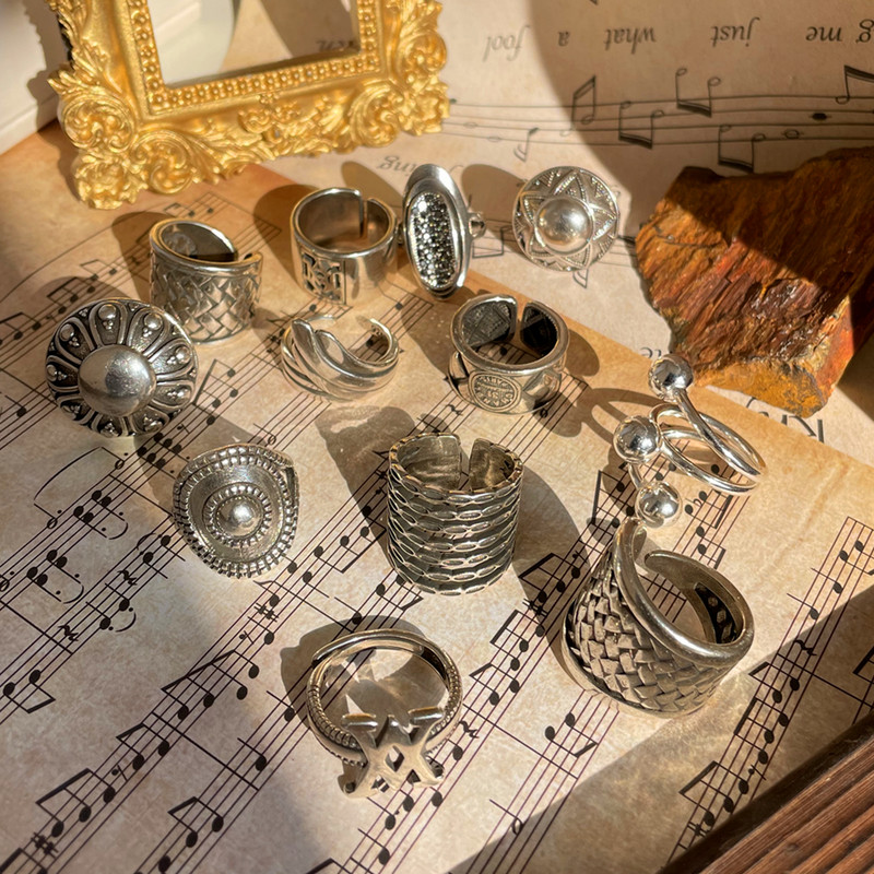 Vintage ezüst színű fém geometrikus szabálytalan virágok szerelmes nyitó gyűrűk női lányoknak buli utazás punk ékszerek HUANZHI 2021