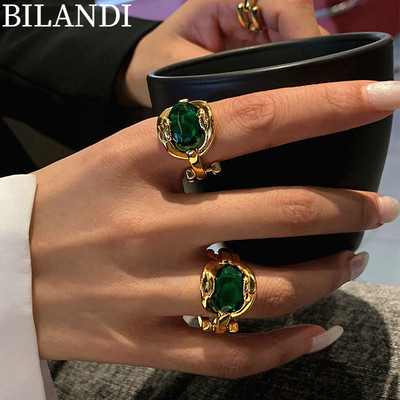 Bilandi Trendy Jewelry Geometric Ring 2022 New Trend Exaggerated Green High Quality Shiny Crystal Ring for Women Gifts
