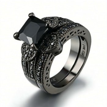 Моден двоен пръстен с черен циркон Творчески черен пръстен Годежни пръстени за жени Бижута за двойка Сватбено парти Подарък за годишнина
