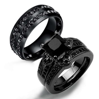 Моден двоен пръстен с черен циркон Творчески черен пръстен Годежни пръстени за жени Бижута за двойка Сватбено парти Подарък за годишнина