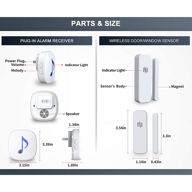 Sistem de alarmă fără fir HTZSAFE cu senzor de ușă/fereastră-200 de metri rază de transmisie-35 melodii opționale și 4 volum reglabil