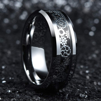 Ανδρικό μοντέρνο ασημί χρώμα πανκ δαχτυλίδι καρβιδίου βολφραμίου με ασημί μοτίβο δράκου Δαχτυλίδι μαύρου άνθρακα για γυναίκες