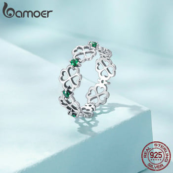 BAMOER 925 стерлингов сребърен пръстен Четирилистна детелина Пръстен с лента за късмет за жени Модни подаръци за момичета Комфортно прилягане Размер от 6 до 8