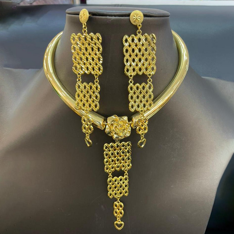 Set de bijuterii de culoare aurie Dubai pentru femei, cercei cu ciucuri și colier, set de bijuterii, nunți de lux africane, accesorii de design cadou