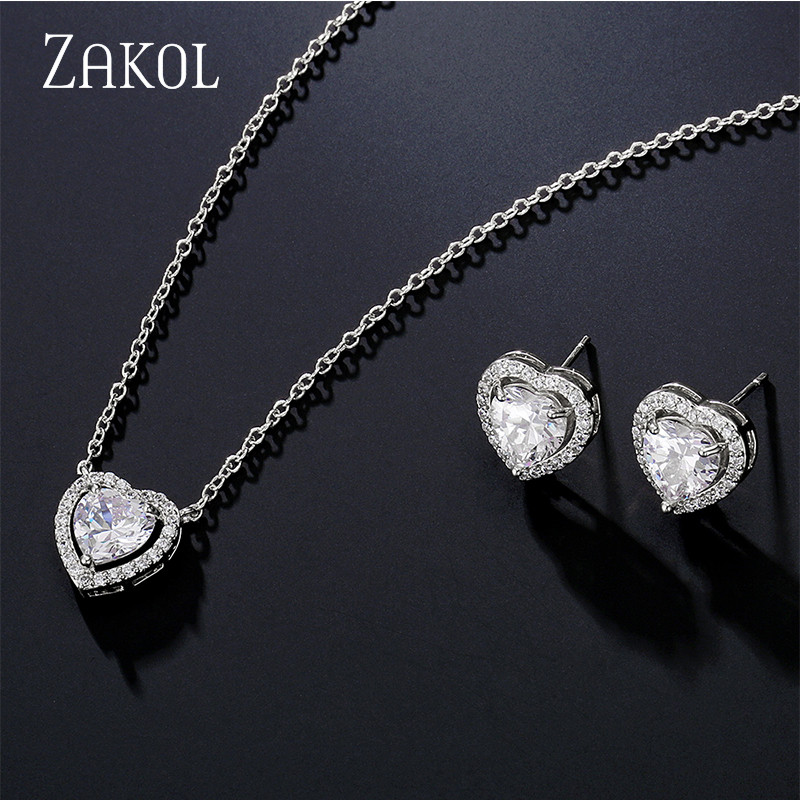 ZAKOL Fashion Romantikus menyasszonyi esküvői szív nyaklánc és fülbevaló ékszer szett AAA cirkónium kiegészítők nőknek ajándékok SP3348