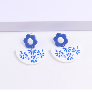 Винтидж сини и бели порцеланови щампи Акрилни капкови обеци за жени Висящи обеци в китайски стил с геометричен щампа на порцелан
