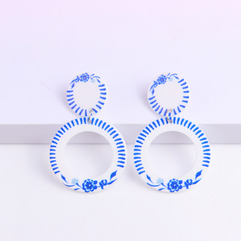 Винтидж сини и бели порцеланови щампи Акрилни капкови обеци за жени Висящи обеци в китайски стил с геометричен щампа на порцелан
