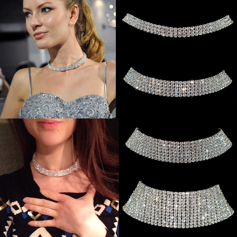 Strălucitor de culoare argintiu cristal guler lanț choker colier mireasa femei petrecere de nuntă diamant stras choker bijuterii cadouri