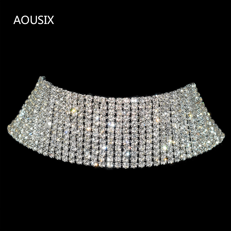 Strălucitor de culoare argintiu cristal guler lanț choker colier mireasa femei petrecere de nuntă diamant stras choker bijuterii cadouri