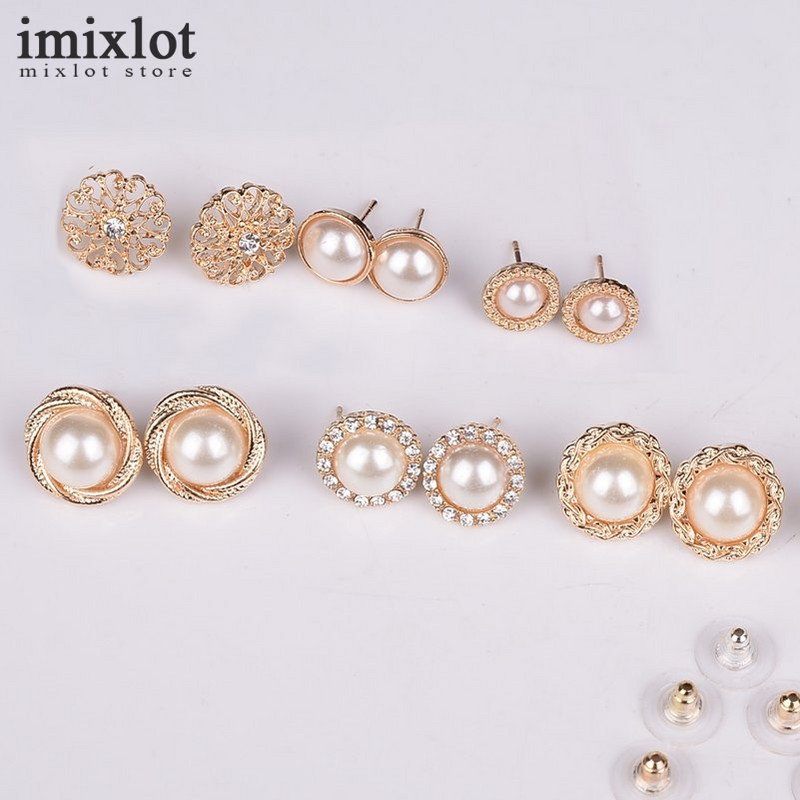 Imixlot 6 perechi/lot Bijuterii cu farmec de modă de epocă, rotund, de culoare auriu, cu jumătate de perle simulate, cercei cu flori pentru femei серьги