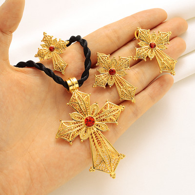 Etióp kő színű kereszt ékszer készlet arany színű nyaklánc fülbevaló gyűrű Habesha Africa női esküvői ékszer ajándékok